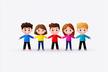 Friendly cartoon characters standing together, showcasing teamwork and collaboration. They wear colorful shirts and smile, representing unity and friendship