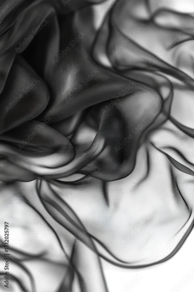 Poster abstract image of black sheer fabric with flowing, draped texture. close up view showing delicate fo