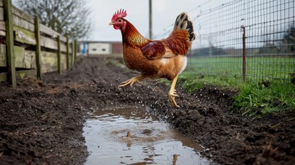 Fototapeta premium Chicken jumping in a puddle on a farm