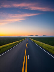 Fototapeta premium Empty road leading toward sunrise symbolizing the path to a fresh start as time counts down