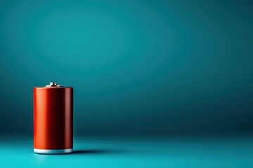 Fototapeta premium Battery fire. Red battery on a teal background, showcasing minimalistic design and vibrant colors.