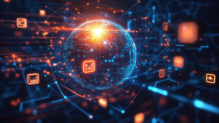 A computer generated image of a globe with many icons on it. Concept of technology and interconnectedness