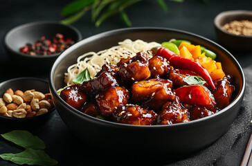Chinese japanese sichuan cuisine braised chicken and noodles with seasoned red pepper sauce on a plate