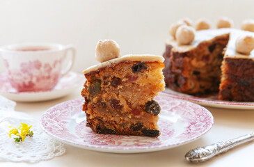 Homemade Simnel Cake traditional English Easter marzipan cake.