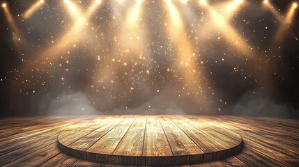 Illuminated Wooden Stage Platform with Golden Spotlight and Dust Particles