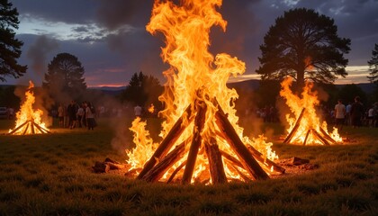 Energetic celebration with bonfires at summer solstice festival, joy