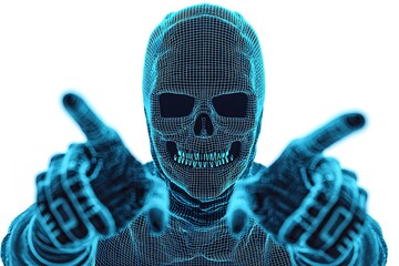 A digital skeleton figure with a hood gestures playfully, created in a bright blue wireframe style, conveying a futuristic or cybernetic theme.