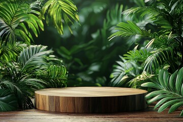 Fototapeta premium Lush Tropical Foliage Background with Wooden Round Display Platform for Product Presentation