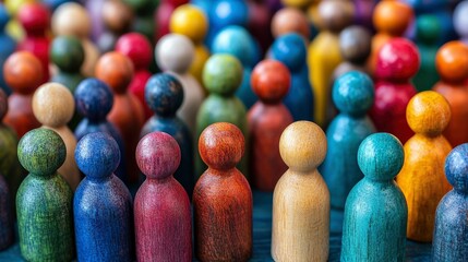 Diverse Crowd of Colorful Wooden Peg People Representing Community and Unity