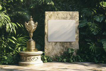 A golden trophy on a stone pedestal, surrounded by lush greenery, with a blank white canvas displayed on a stone wall, creating an elegant nature scene.