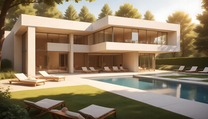 Fototapeta premium Luxurious Modern Home Features Pool Loungers And Green Lawn