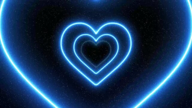 Flying through the bright blue tunnel of glowing neon hearts in the space. Blue hearts forming a tunnel surrounded by sparkling stars. Hearts tunnel animation. Streaming, screen saver. Saint Valentine
