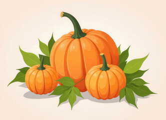 Three Orange Pumpkins with Green Leaves