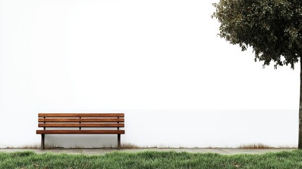Fototapeta premium Serene Park Bench Against White Wall with Small Tree