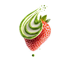 A floating half-cut strawberry in the air, studio setting, isolated on a white background with no shadows.