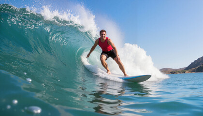 Surfer riding powerful ocean wave, adventurous summer sports spirit