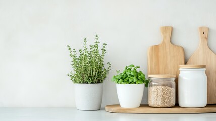 A modern eco-friendly kitchen with fresh herbs growing in pots, reusable containers filled with grains and nuts