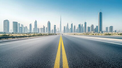Modern City Skyline Viewed from Empty Highway Road Asphalt Urban Landscape