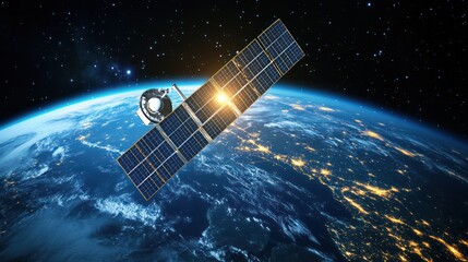 A satellite orbiting the blue planet Earth in deep space