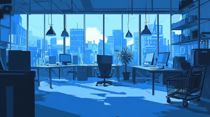 Fototapeta premium Modern office with city view, work station, empty. Stock photo