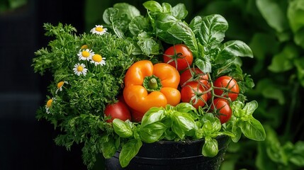 Fresh Vibrant Garden Herbs and Vegetables in a Pot with Colorful Produce