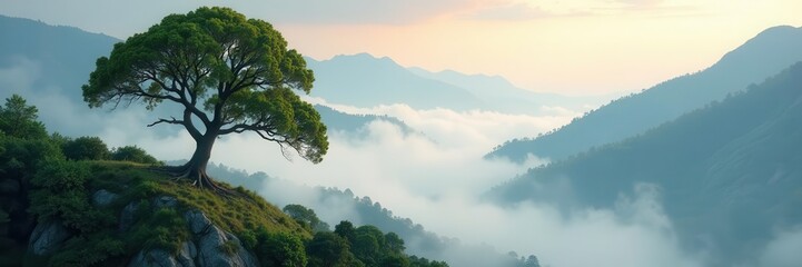 Obraz premium Ancient trees emerge from swirling mist, mountain vista, view, environment