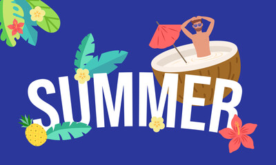 Man relaxing in coconut cocktail enjoying summer vacation