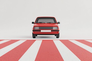 Fototapeta premium A vibrant red car is positioned directly in front of a white background, showcasing a modern design against red-striped road markings.