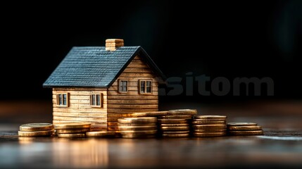 Golden House Model with Stacked Coins Representing Real Estate Investment and Financial Success