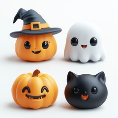 Fototapeta premium Cute Halloween Sticker Bundle: Pumpkin, Ghost, Black Cat, Witch Hat