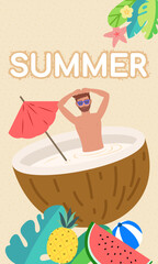 Tourist relaxing in coconut cocktail during summer vacation