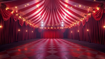 Red and White Striped Circus Tent Interior with Checkered Floor Dramatic Lighting