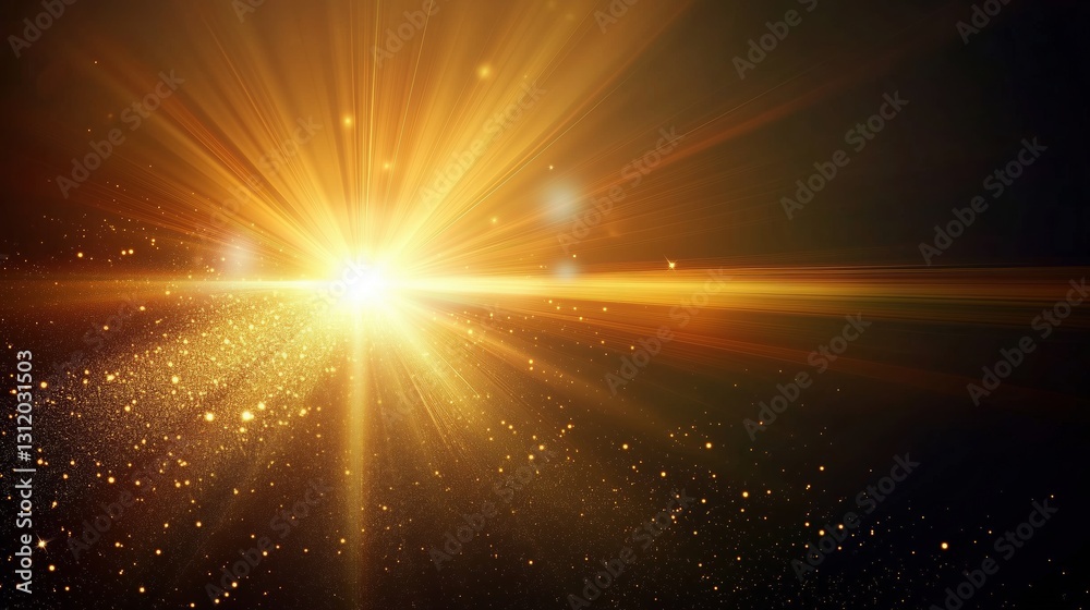 Poster Glowing golden light rays with lens flare on a black background. Radiant abstract starburst or sun flare with bokeh and sparkling particles, creating a cinematic and ultra-realistic effect with high d