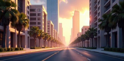 Deserted city street, gleaming skyscrapers towering above, architecture, background, bright
