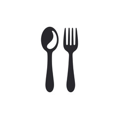Simple, solid black silhouette of a spoon and fork side-by-side on a white background