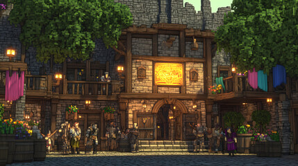 Medieval Fantasy Village Market Square - Voxel Art Render