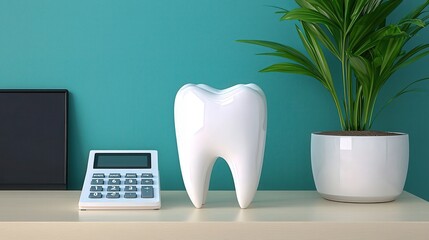 White tooth model on desk with calculator and plant.