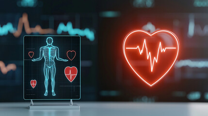 heart disease cardiology rehabilitation. Digital heart monitor with anatomical figure and heartbeat graphic.