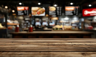 Rustic Wooden Tabletop with Blurred Fast Food Restaurant Background Menu Boards and Delicious Food