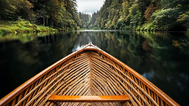 Serene Nature Wooden Canoe Glides Through Forest River, Surrounded by Lush Trees and Water Reflection
