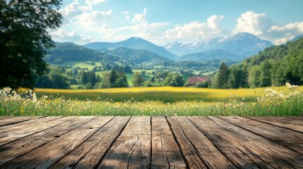 Scenic Wooden Deck Overlooking Blooming Wildflower Meadow and Majestic Mountain Range