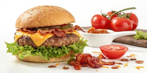 Juicy beef patty atop a toasted bun with melted cheese and crispy bacon surrounded by fresh lettuce and tomato on a clean white background, juicy burger, close-up
