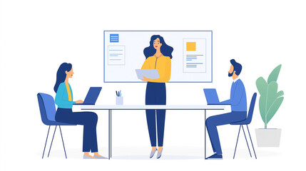 Digital illustration of a confident businesswoman presenting her work to colleagues in a modern office. Teamwork, leadership and professional communication in a collaborative environment.