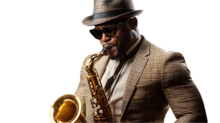 Saxophonist Plays Melodious Tune, Isolated on White