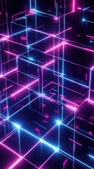 Neon lines forming geometric grids in abstract style. Abstract neon grid patterns. Vertical