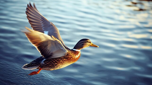 Mallard in flight over water