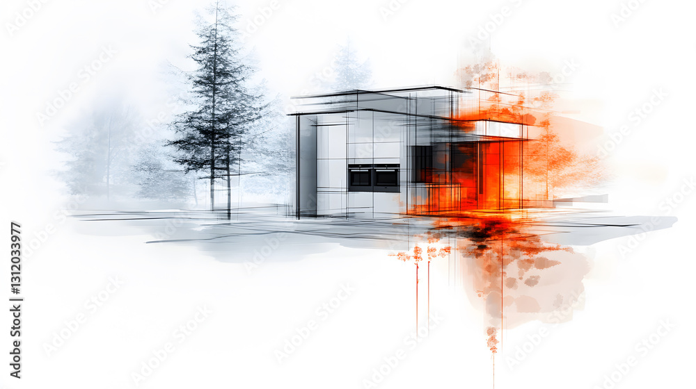 Fototapete A modern architectural sketch featuring a minimalist building surrounded by trees and an artistic splash of color