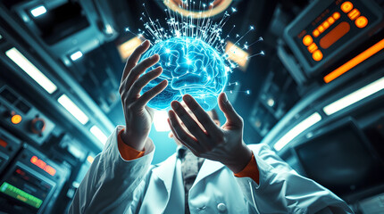 Naklejka premium Mind Mastery: A scientist examines a glowing human brain, symbolizing innovation and advancement in technology, against a futuristic, high-tech laboratory backdrop.