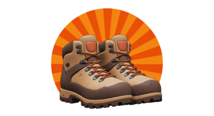 Hiking Boots Cartoon Illustration with Orange Sunburst Background for Adventure
