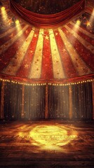 Vintage Circus Tent Interior Stage Spotlight Wooden Floor Red Gold Stripes Festive Atmosphere
